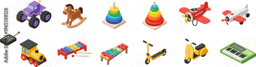 Isometric colorful kids toy set with vehicles, musical instruments and stacking toys, playful 3D vector illustration collection for children