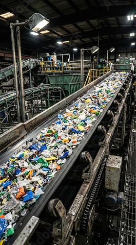 Workers sort through vibrant plastic waste on a conveyor belt in a busy recycling plant, highlighting efforts to promote environmental awareness and sustainability in the city.