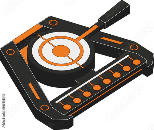 Isometric futuristic device with control panel and lever, modern technology equipment concept, detailed vector illustration for industrial design and interface