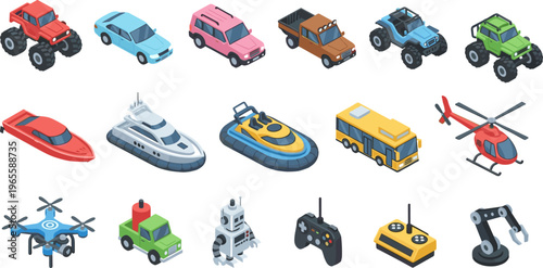 Isometric transport and vehicle collection with cars, trucks, boats, helicopter and drone, colorful 3D vector illustration set for design