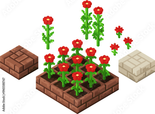 Isometric voxel garden bed with red flowers, decorative brick planter blocks, stylized game asset illustration for landscaping design concept digital
