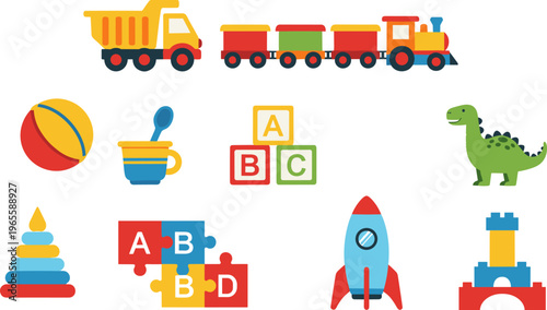 Kids toys collection truck train blocks dinosaur rocket colorful cartoon vector illustration playful educational objects set for children design