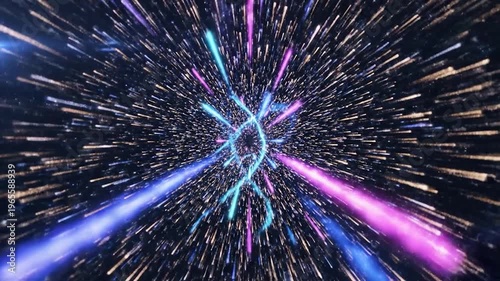 Abstract visualization of a cosmic journey through a vibrant nebula with swirling energy strands and countless stars streaking past