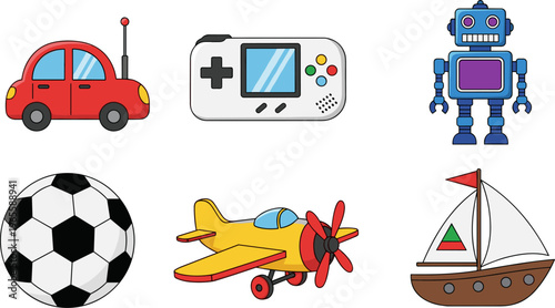 Kids toys icons set car game console robot airplane soccer ball sailboat colorful cartoon vector illustration collection playful design