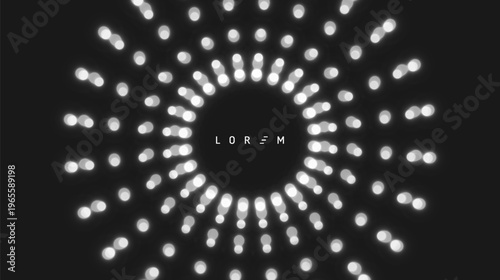 Radial dotted lines on black background. Dynamic particles. Technology style. Glowing points. Vector illustration for brochure, poster, cover, card, presentation, flyer or banner.