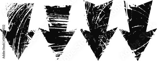 Grunge black downward arrows set with scratched texture and rough edges design elements