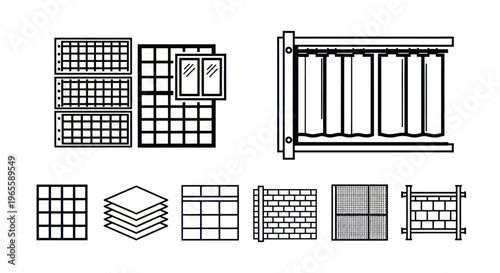 Construction Icons: Grid, Window, Wall, Fence, Curtain, Building Materials