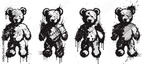 Grunge plush bears set distressed vintage black ink illustrations of four plush bears with rough textured shading