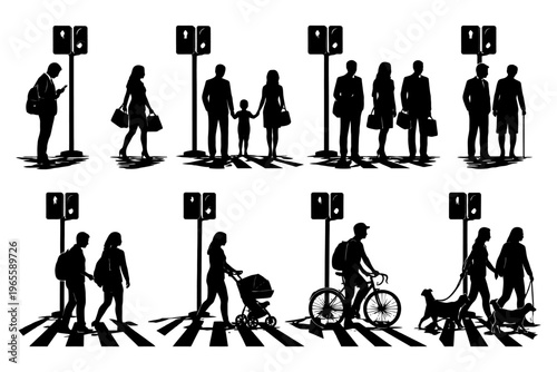 Silhouette pedestrians walking on crosswalks with traffic lights.