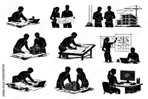 Architectural collaboration: diverse professionals planning and designing construction projects.