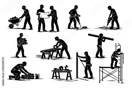 Silhouette of construction workers engaged in various tasks.