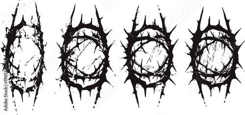 abstract circular thorn shapes black grunge distressed frames rough jagged brushstroke borders in a row sharp spiky design elements