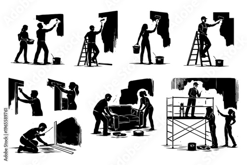 Silhouettes of diverse adults painting and renovating interiors.