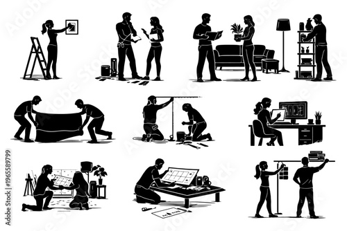 Home renovation and design process with diverse adults in various activities.