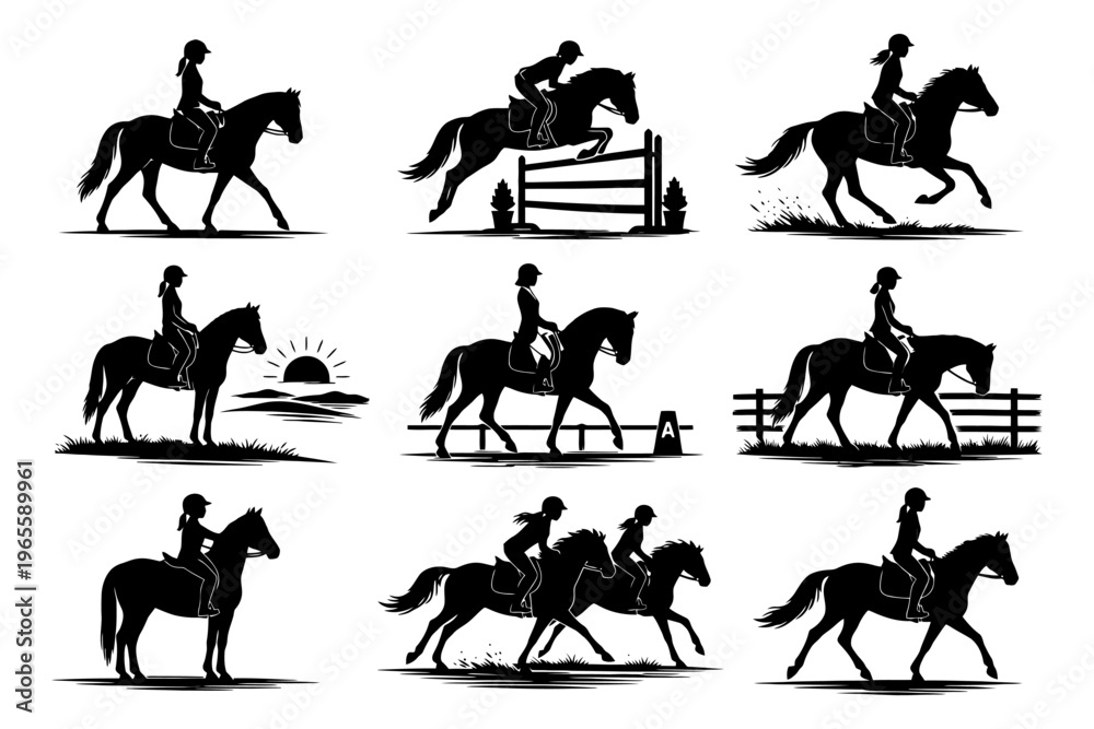 Fototapeta premium Equestrian silhouettes: female riders and horses in dynamic poses.