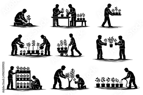 Silhouettes of people gardening and planting activities collection.