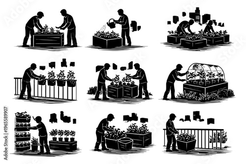 Silhouette of people gardening in urban settings: planting and watering scenes.