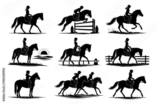 Equestrian silhouettes: female riders and horses in dynamic poses.