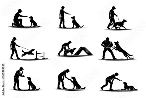 Silhouette illustrations of dog training activities with male trainer and dogs.