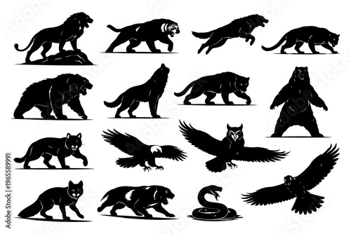 Silhouettes of wild animals: lions, tigers, wolves, bears, eagles and more.