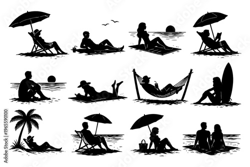 Silhouette beach relaxation: people enjoying seaside leisure activities.