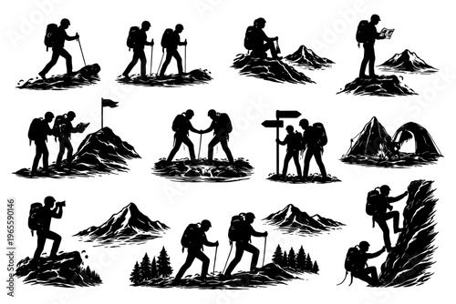 Silhouette hikers and campers exploring mountains and nature.