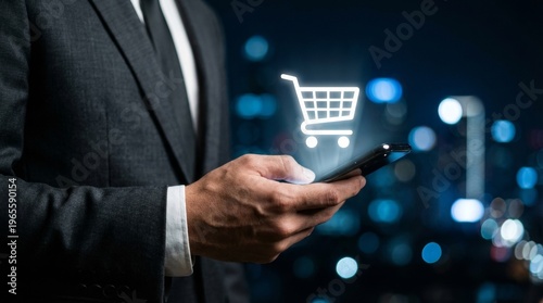 Businessman in suit using smartphone with glowing shopping cart icon for online shopping and e-commerce