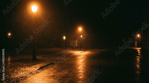 Mysterious Night Street with Fog and Vintage Streetlamps Glowing