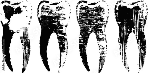 set of grunge teeth silhouettes with rough textures for dental or medical design