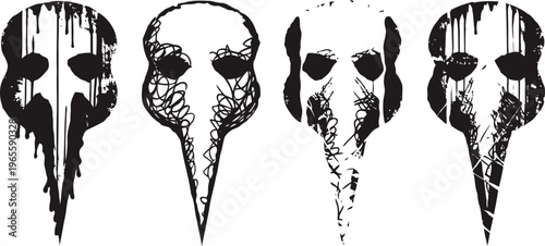 Abstract skull designs with melting and web patterns in black and white, grunge vector set