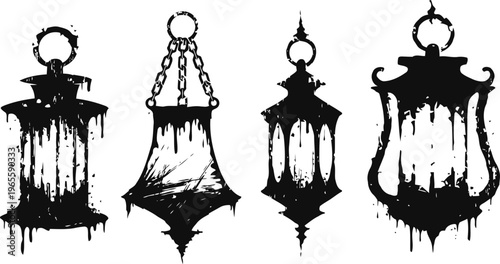 Vintage lantern silhouettes with ornate designs and hanging chains in black ink