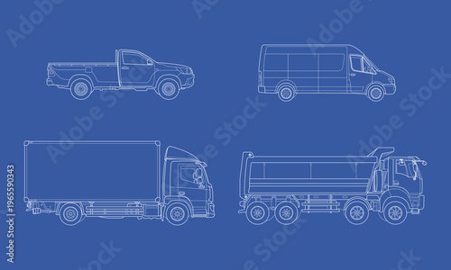 Commercial truck and van outline vector for logistics, freight, transport branding projects. Blueprint vehicle design illustration.