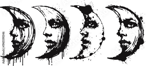 abstract crescent moon phases with human face silhouettes in grunge black ink