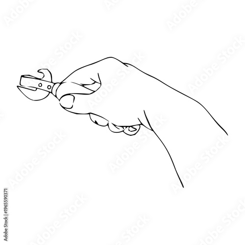 Hand holding a can opener to open a can, simple line drawing illustration