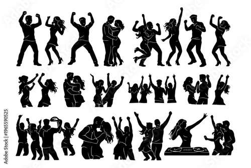 Diverse silhouettes of dancing people celebrating and having fun.