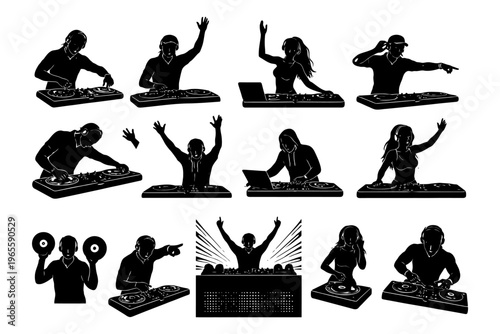 Silhouette djs at turntables with laptops and vinyl records performing various actions.