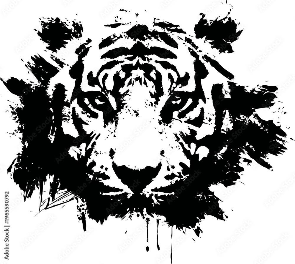 Obraz premium Abstract tiger face illustration with ink splash effect and tribal design