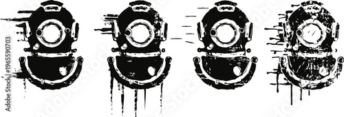 Vintage deep sea diving helmets silhouette set old underwater diving gear illustration