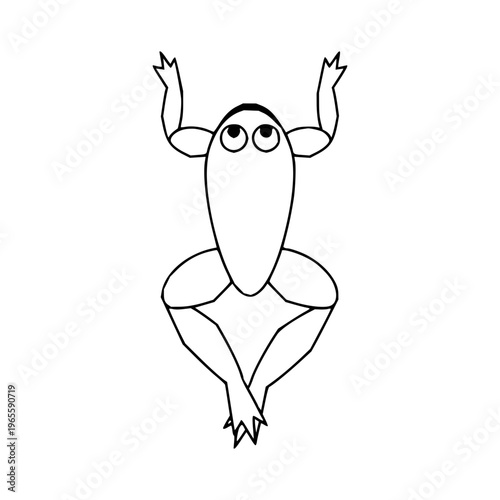 A minimalist black and white line drawing of a frog, viewed from directly above, with its legs splayed outwards and eyes looking upwards in a simple, clean illustration