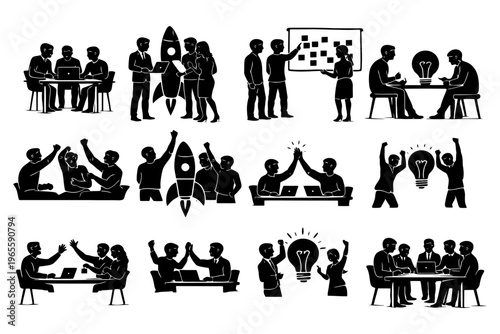 Team collaboration and innovation scenes with diverse professionals.