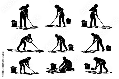Silhouette figures mopping floors - male and female - cleaning action poses.