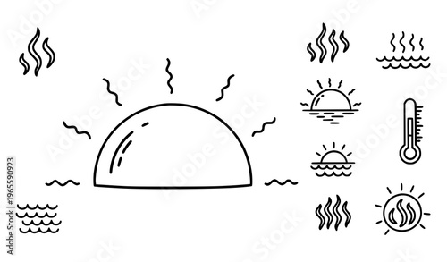A simple line drawing depicting a hot sunny day with various heat and sun symbols