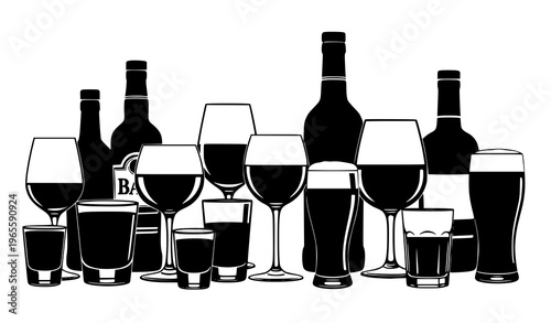 A collection of wine and beer bottles with various glasses