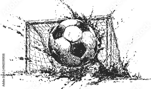 Dynamic soccer ball crashing into net with splashing ink effect, artistic sports illustration