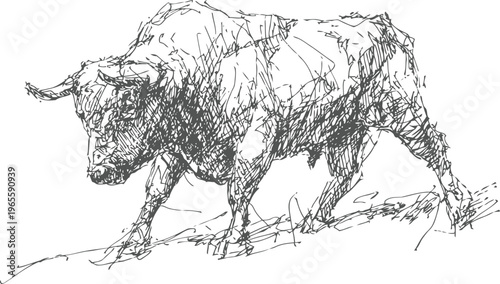 angry bull sketch hand drawn aggressive bull charging forward wildlife, strength, power, animal illustration