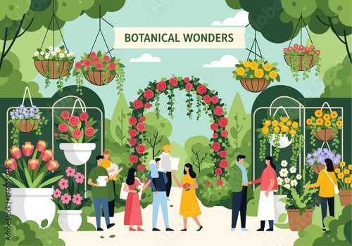 People admiring beautiful flowers and plants at a botanical garden exhibition.
