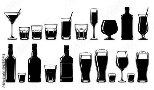 Collection of wine glasses and bottles in various shapes and sizes