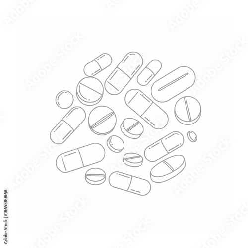 Pile of medical pills and capsules with line art
