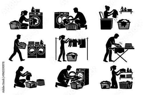 Silhouettes of people doing laundry tasks.