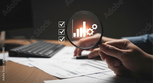 Hand holding magnifying glass over financial chart and gears, analyzing data on desk